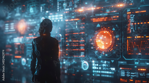 A person in a futuristic suit gazes at an advanced holographic interface with glowing displays of data  graphs  and technological diagrams in a dimly lit setting.