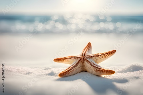 Starfish is against on beach blurry background 