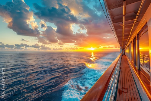 Summer cruise vacation concept. Panoramic view of the sea with a beautiful sunset just above the horizon