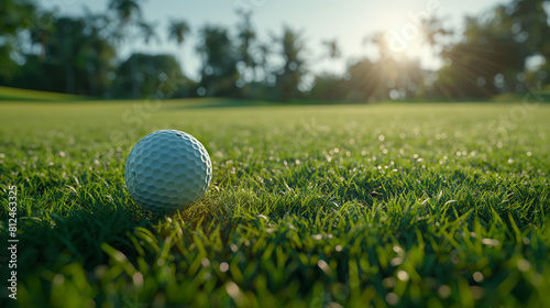 A white golf ball sits on the green grass of a golf course. The sun is shining brightly in the background.