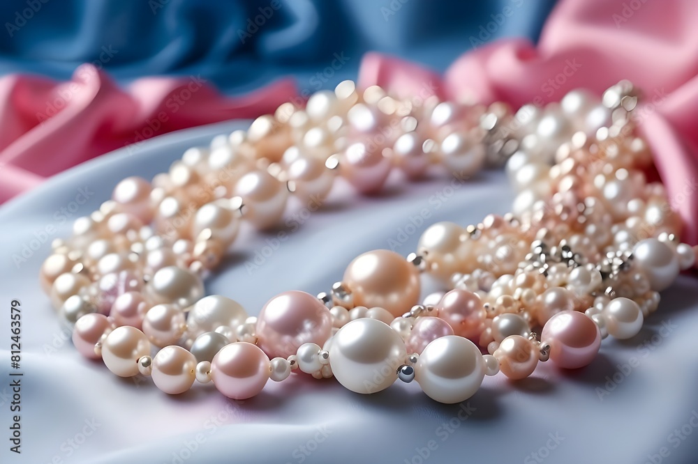 Elegant pearls on satin textile in soft hues. Luxurious pearl necklace against silky pink and blue background. Delicate string of pearls on textured satin material. See Less gemerate ai Elegant pearls on satin textile in soft hues. Luxurious pearl necklace against silky pink and blue background. Delicate string of pearls on textured satin material. See Less gemerate ai
