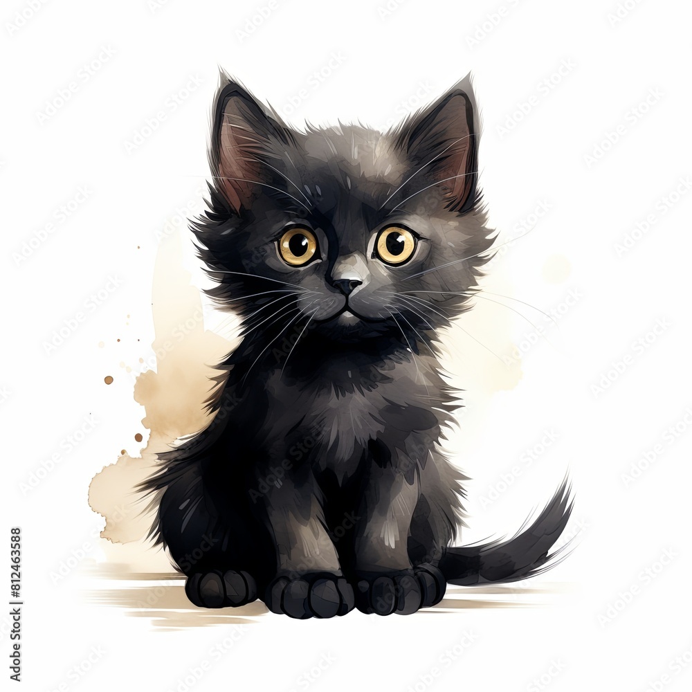 A cute black kitten with big yellow eyes looks at the camera. The kitten is sitting with its paws in front of it. A cute black kitten with big yellow eyes looks at the camera. The kitten is sitting with its paws in front of it.