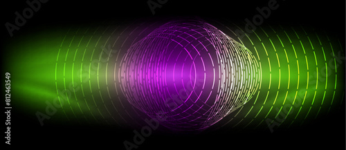 A vibrant purple and green sound wave on a black background, resembling liquid in motion. The colors create a visually striking visual effect, with hints of magenta and violet