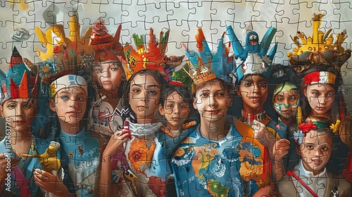 An assembly of young people wearing national costumes, each holding a piece of a puzzle that forms a map of the world when united photo