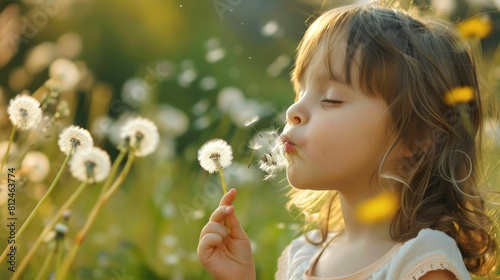 A young girl with flowing hair blows on a dandelion in a field of colorful flowers. Her eyelashes flutter as she enjoys the beauty of nature  surrounded by grass and water AIG50
