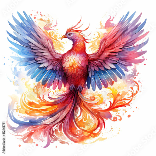 A watercolor painting of a phoenix rising from the ashes with a blue and orange background.