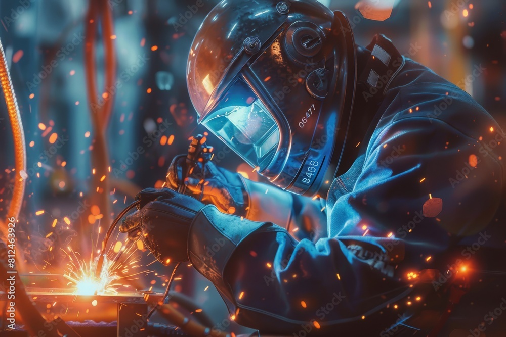 A man in a protective suit is working on a piece of machinery A man in a protective suit is working on a piece of machinery