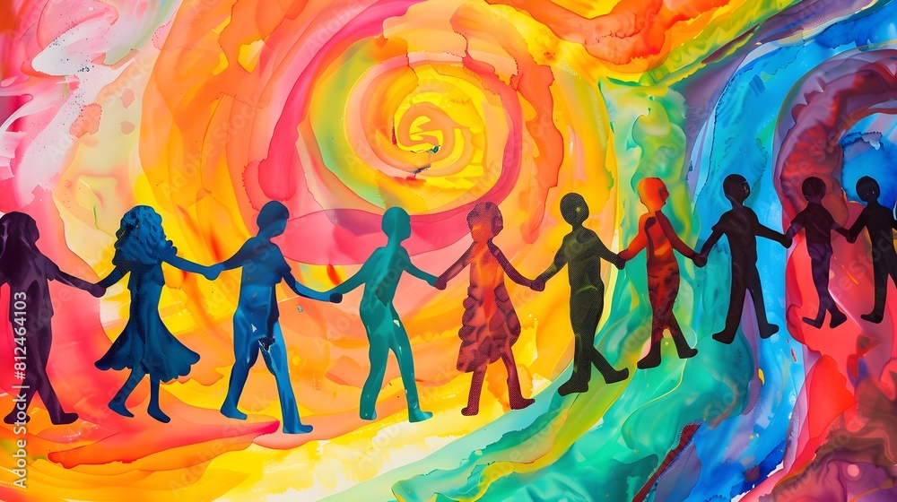 Naklejka premium a chain of human silhouettes against a backdrop of vibrant, swirling colors