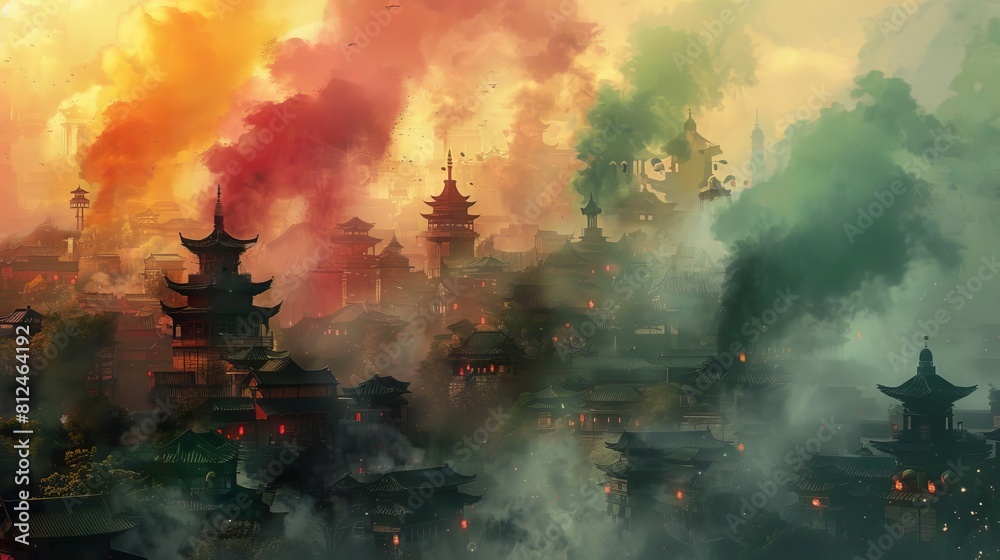 An eerie depiction of a traditional village with every house chimney emitting colorful smog, symbolizing diverse pollutants