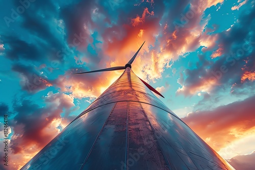 A massive wind turbine seen from below during sunset, side view, Sunset power generation, digital tone, Complementary Color Scheme photo