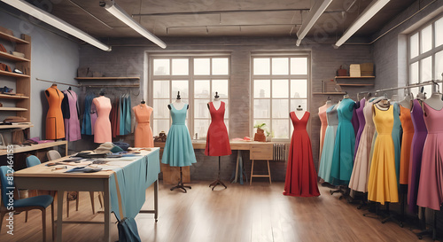 A wide banner of women fashion dress design studio or atelier workshop and custom tailor clothing, tailor small business, no humans, colorful, room