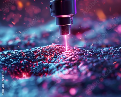 Closeup of a laser device ablating a tumor in soft tissue, side view, Tumor ablation detail, digital tone, Analogous Color Scheme