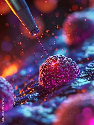 Closeup of a laser scalpel vaporizing prostate cancer tissue, showing detailed cell layers, front view, Prostate therapy closeup, cybernetic tone, Complementary Color Scheme