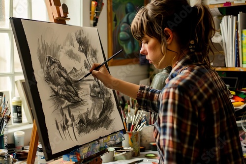 a focused artist in a plaid shirt, delicately adding details to a charcoal sketch, Include a variety of drawing tools scattered around