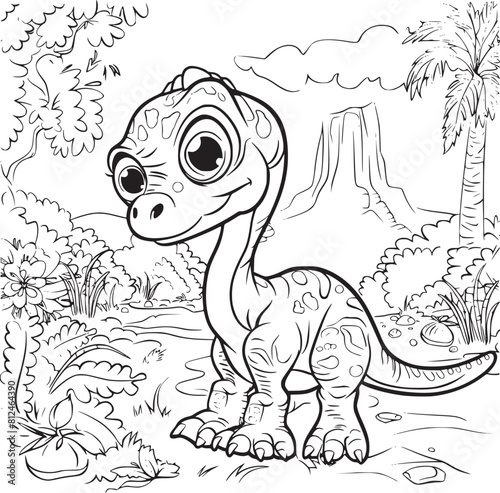 Coloring Pages Cute Tyrannosaurus Dinosaur of meadows  trees  mountains and clouds. Printable Coloring book Outline black and white.