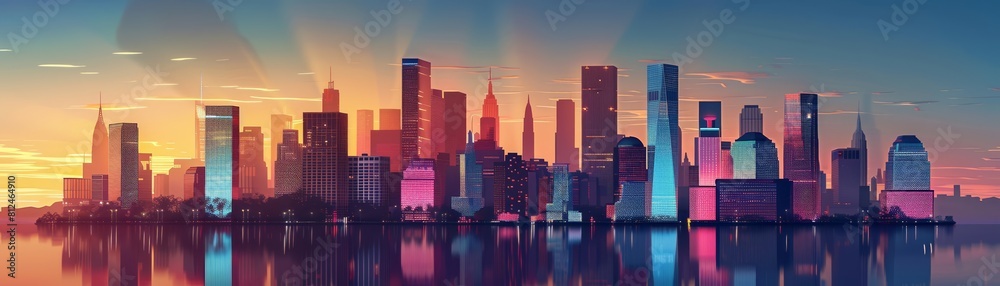 City skyline silhouette flat design front view urban theme 3D render Triadic Color Scheme