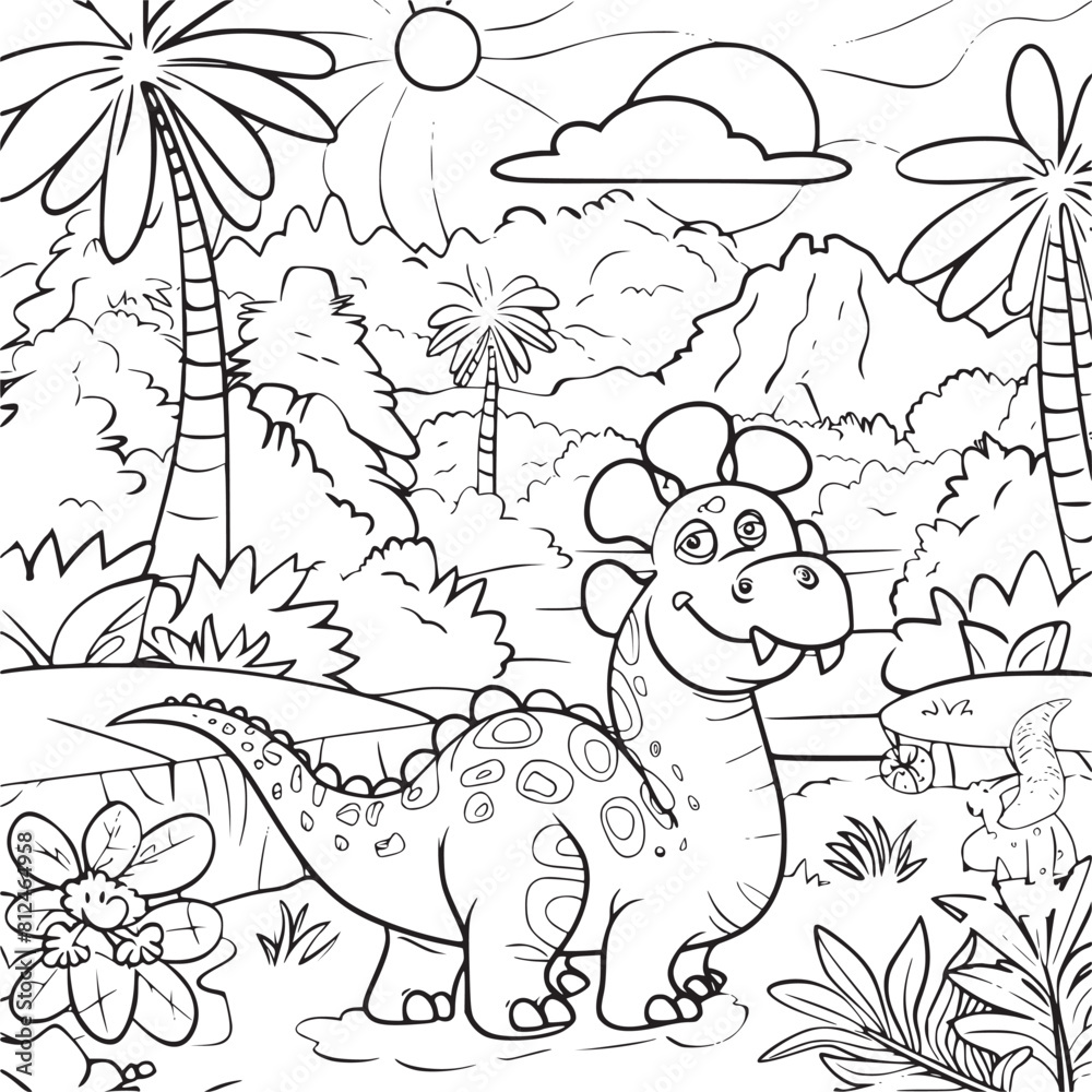 Fototapeta premium Coloring Pages Cute Tyrannosaurus Dinosaur of meadows, trees, mountains and clouds. Printable Coloring book Outline black and white.