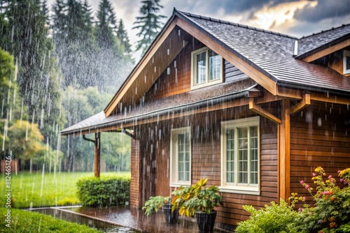 Rain falling on wooden house in the garden rainy day
