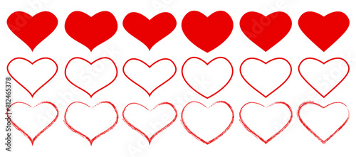 Red heart icons set vector, different shapes of red hearts isolated, Love heart icon Set with Solid and Outline Vector Hearts