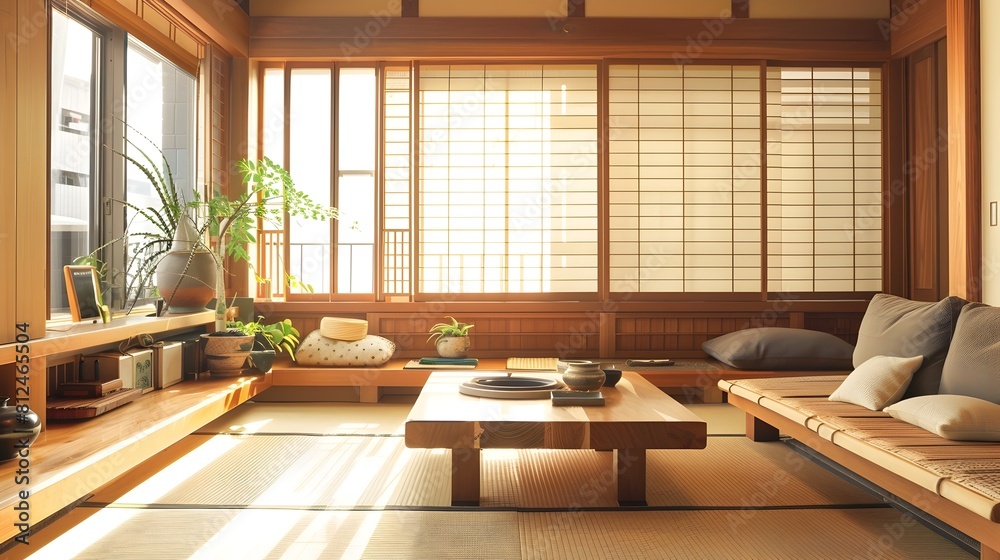 Tranquil Japanese Inspired Living Room with Warm Wooden Accents and Serene Natural Ambiance Tranquil Japanese Inspired Living Room with Warm Wooden Accents and Serene Natural Ambiance