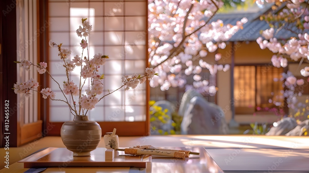 Tranquil Japanese Inn Living Room with Cherry Blossoms and Traditional Decor Tranquil Japanese Inn Living Room with Cherry Blossoms and Traditional Decor