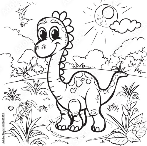 Coloring Pages Cute Tyrannosaurus Dinosaur of meadows, trees, mountains and clouds. Printable Coloring book Outline black and white. © MDMASUD