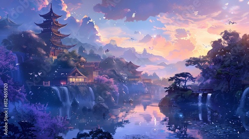  a beautiful landscape with mountains, cherry blossom trees, and a river running