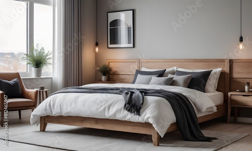 Scandinavian style interior design of modern bedroom. Luxurious Wood bed with white bedding and bedside cabinets.