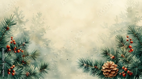 Natural winter botanical leaves abstract background modern design of pine leaves and berries. For wallpaper  cover  invitation card  or poster.