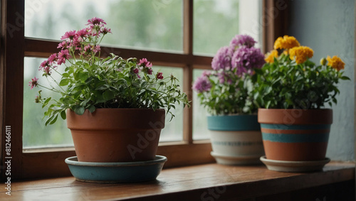 flowers in pots near the window