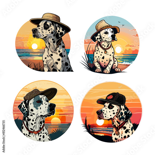 Cartoon character dalmatian dog with sunset