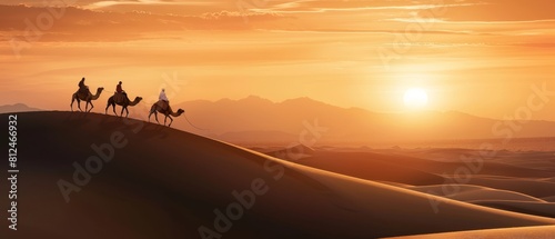 Camel Caravan Journeying Through Desert at Sunset.