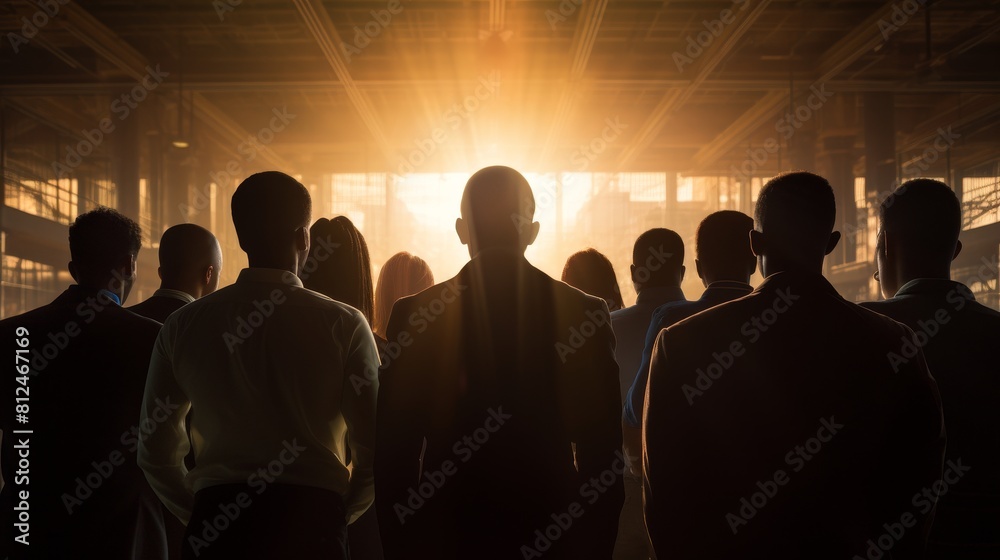 Ambitious silhouettes in a crowd symbolize relentless pursuit of business goals. Ambitious silhouettes in a crowd symbolize relentless pursuit of business goals.