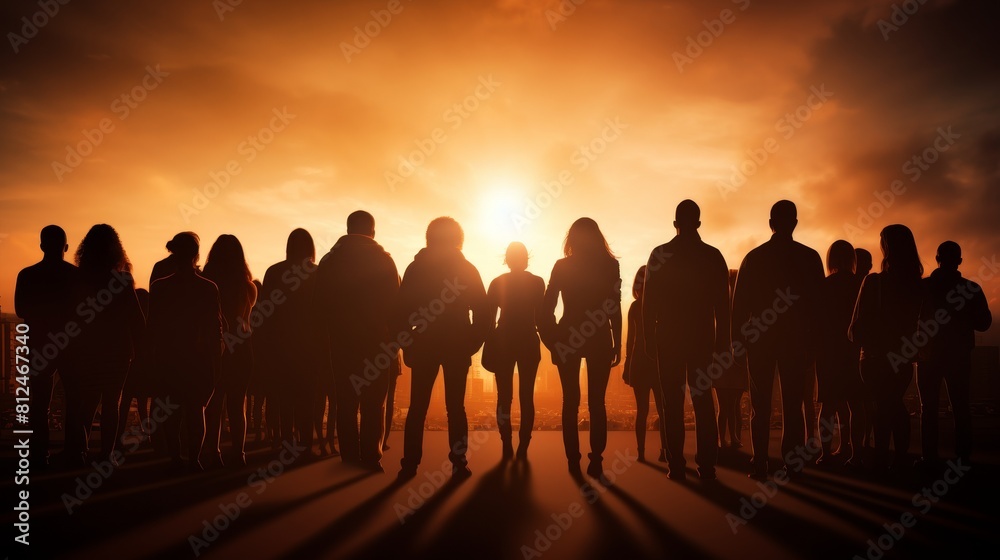 Ambitious silhouettes in a crowd symbolize relentless pursuit of business goals. Ambitious silhouettes in a crowd symbolize relentless pursuit of business goals.