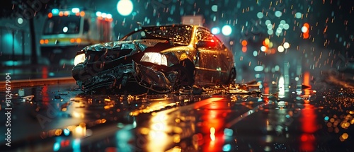 A dramatic scene of a car crash on a wet road at night  with the headlights illuminating the wreckage and ambulance lights flashing in the background  highlighting the urgency of the situation 8K   hi