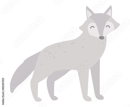 Cute wolf in flat design. Adorable happy forest predator with grey fur. Vector illustration isolated.