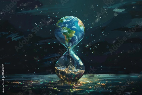 An illustration of Earth in an hourglass, but instead of sand, it s filled with microplastics trickling down photo