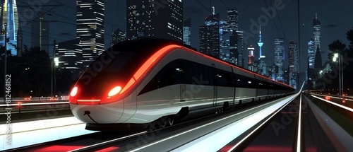 An aweinspiring image of a modern bullet train whizzing past skyscrapers on elevated tracks above city roads at twilight, symbolizing the intersection of technology and urban life photo