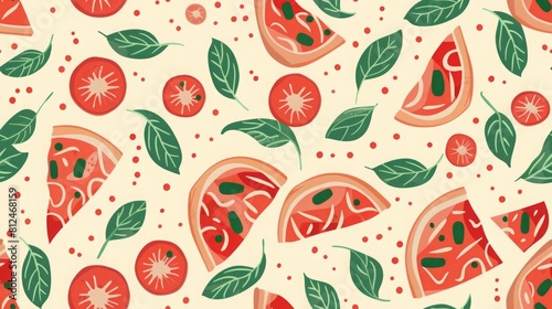 A colorful and artistic design of pizza slices and vegetables