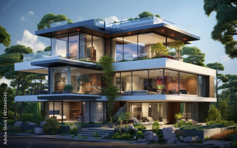 Coriander glass house flat design front view modern architecture theme animation vivid