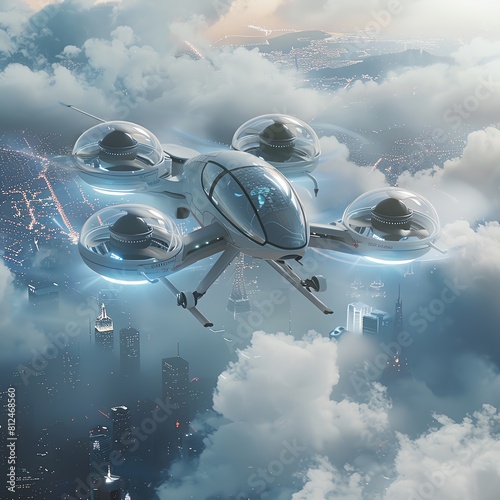 showcase product illustration, electric vertical takeoff and landing eVTOL, floating in the sky, random theme cyber punk, neon photo