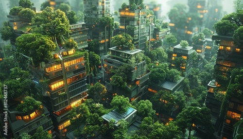 An image of a futuristic city where all buildings have treecovered rooftops and solar panels, merging urban and forest environments photo
