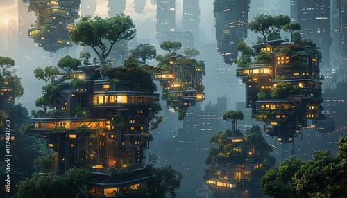 An image of a futuristic city where all buildings have treecovered rooftops and solar panels, merging urban and forest environments photo