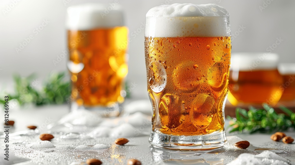 Beer in a skull-shaped glass with peanuts on the table. Beer in a skull-shaped glass with peanuts on the table.