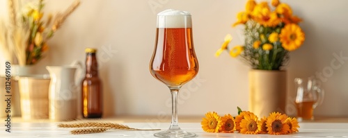 A close-up of a glass of beer with condensation droplets on a table. There are sunflowers and wheat stalks behind the glass