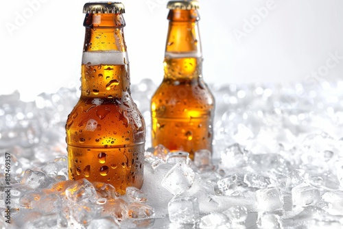 Two amber beer bottles sit in a bed of ice.