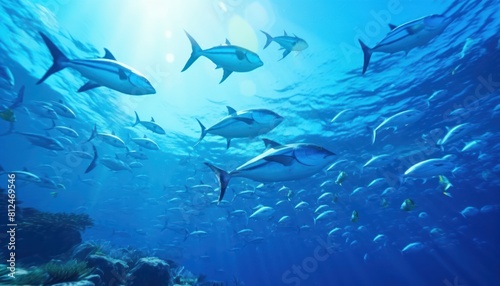 Groups of giant Tuna fish in the underwater, coral reef, amazing underwater life, various fish and exotic coral reefs, ocean wild creatures background