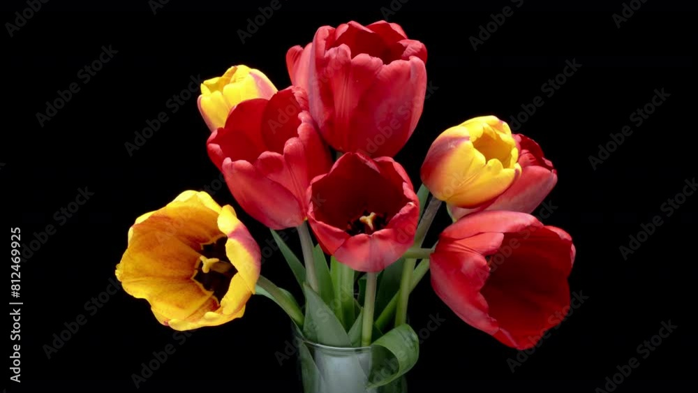 Time lapse of red yellow tulip flowers blooming on black background. Wedding backdrop, Valentine's Day concept. Mother's day, Holiday, Love, birthday Time lapse of red yellow tulip flowers blooming on black background. Wedding backdrop, Valentine's Day concept. Mother's day, Holiday, Love, birthday