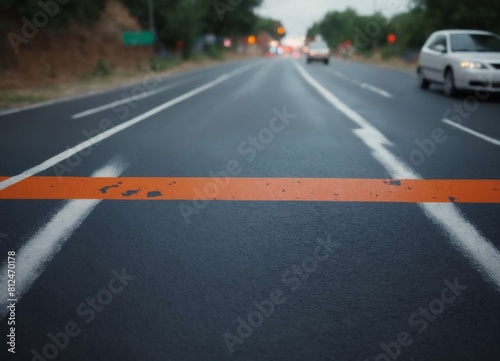 Asphalt road with red and orange line in the middle of the road © Алексей Леганьков