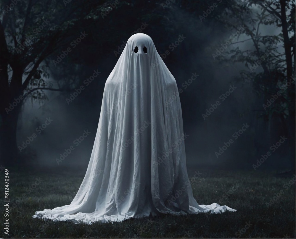 ghost in foggy forest. halloween concept. copy space ghost in foggy forest. halloween concept. copy space